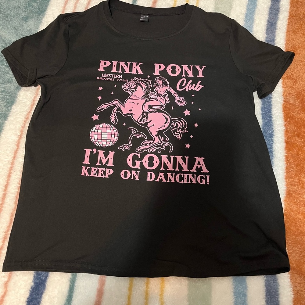 SHEIN Black Tee with Pink Pony Graphic